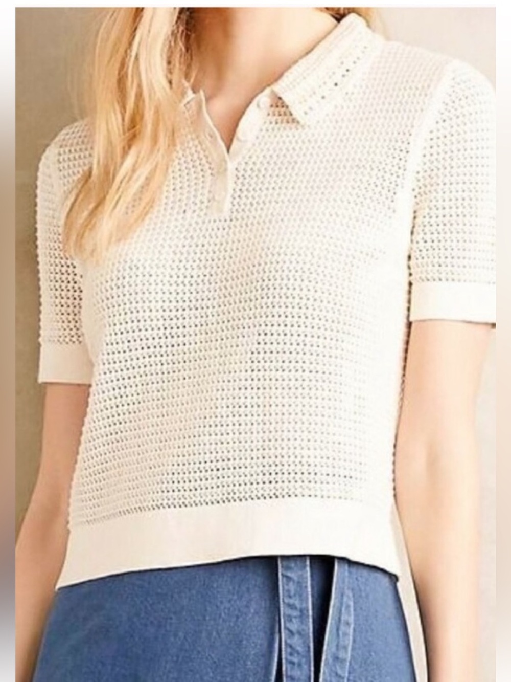 Anthropologie Cream HWR Brand Crochet Boxy 100% cotton  Sweater size M